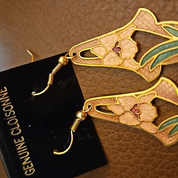 Vintage 1970s Cloisonne Floral Iris Long Dangle Hook Art Deco Earrings - Picture 4 of 5